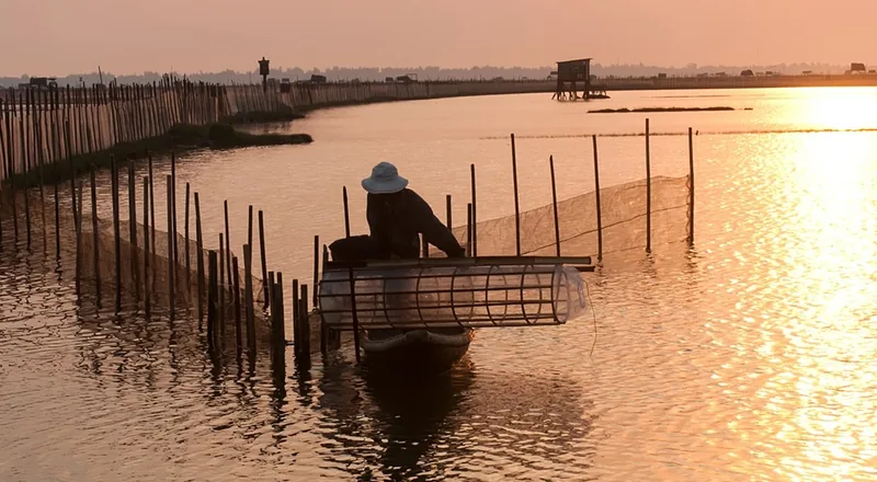A fisherman on a small boat tends fishing nets at sunset on Tam Giang Lagoon in Hue.